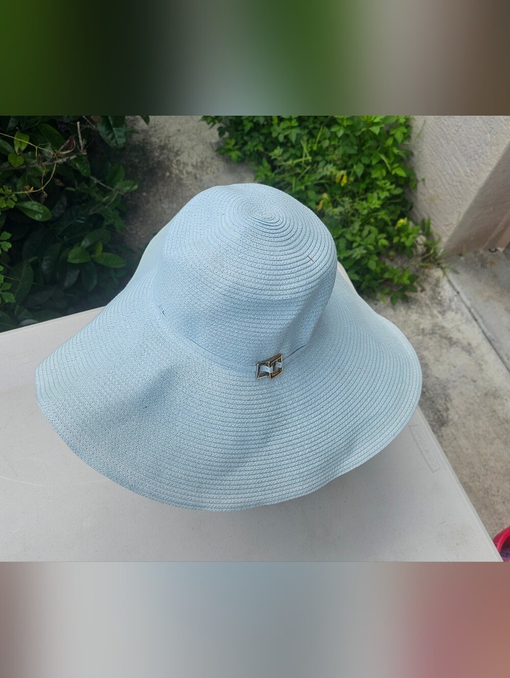 Light Blue Wide-Brim Sun Hat with Metal Accent